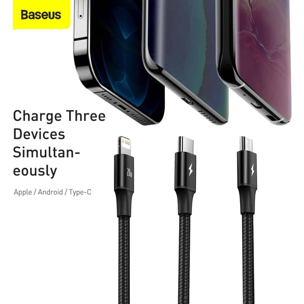 BASEUS 3-in-1 Fast Charging Cable - Type-C to M+L+C, 20W, 1.5M