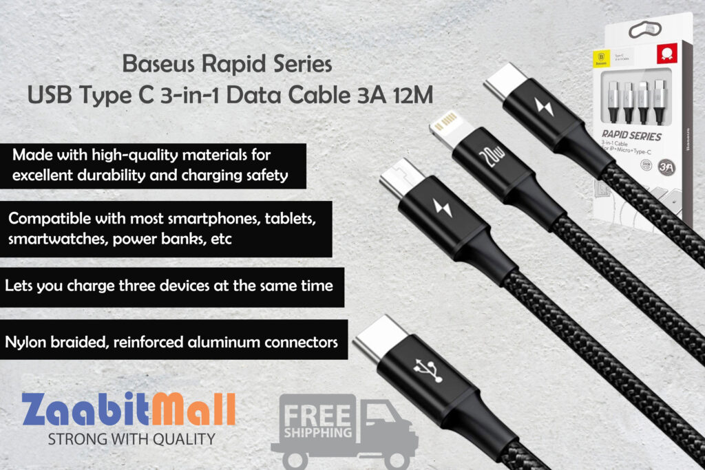 BASEUS 3-in-1 Fast Charging Cable - Type-C to M+L+C, 20W, 1.5M Price in Pakistan  Product Overview Charge Up to 60% in 30 Minutes!