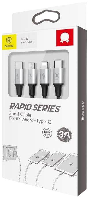 BASEUS 3-in-1 Fast Charging Cable - Type-C to M+L+C, 20W, 1.5M